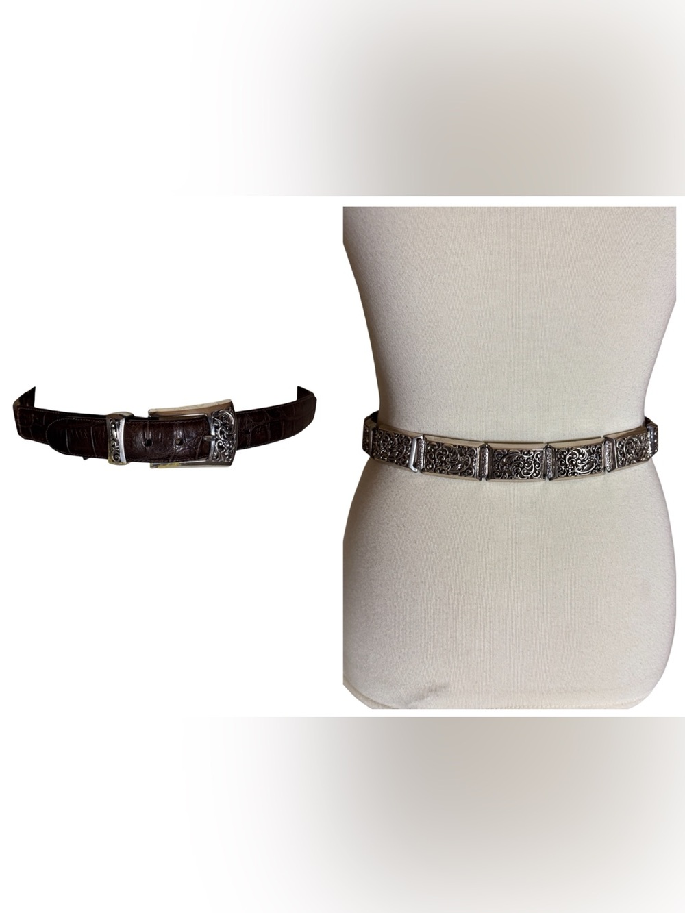Brighton Brown croc embossed Leather Belt with silver tone scrolls Size Small
